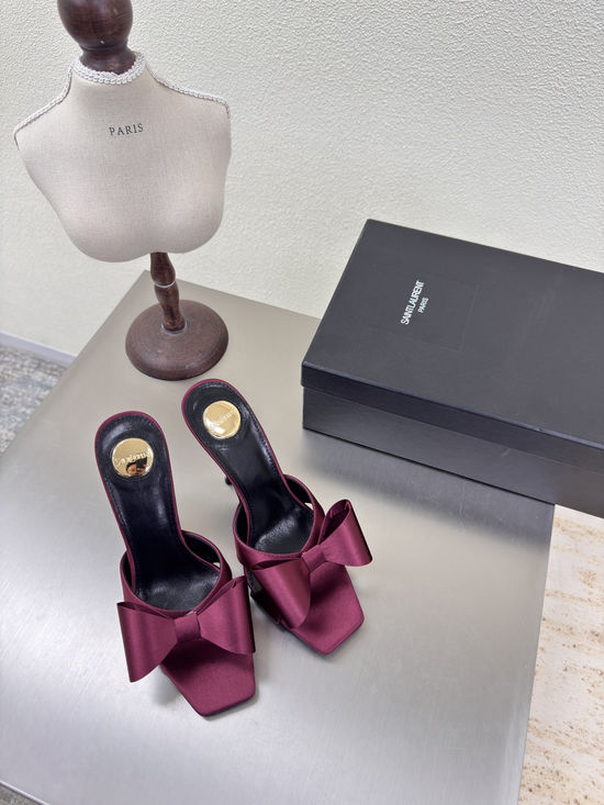 Yves Saint Laurent Timeless Wine Red Bow High-Heeled Slippers with Silk