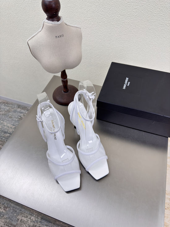 Yves Saint Laurent White Lace High Heel Sandals Leather Lining