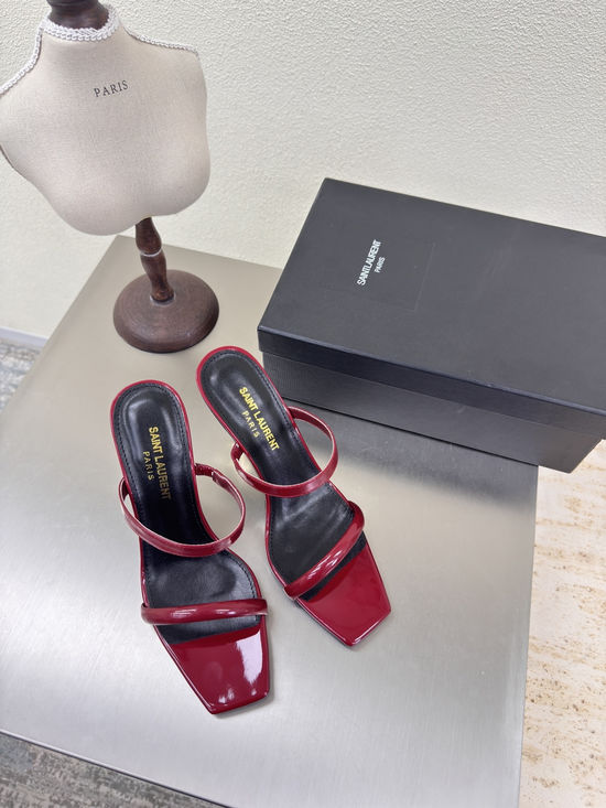 Yves Saint Laurent Burgundy Strap High Heel Slides Patent Leather