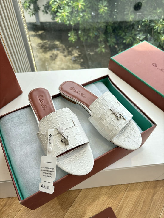 Loro Piana Embossed Leather Low Heel Slides Premium Lined Footwear