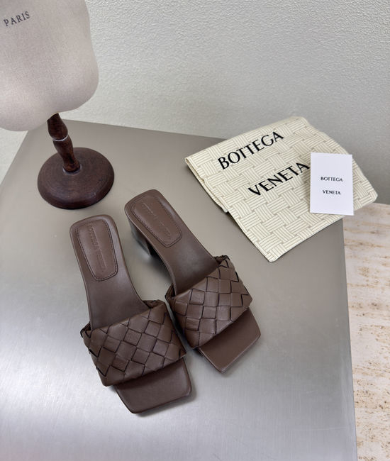 Bottega Veneta BV Square Toe Woven Mules Dark Khaki Mid Heel Comfortable Casual Shoes