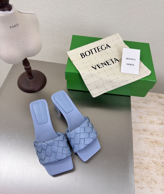 Bottega Veneta BV Pale Blue Woven Square Block Heel Mules