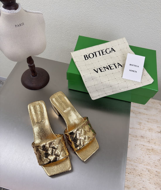 Bottega Veneta BV Gold Woven Square Toe Mid Heel Mule Slides