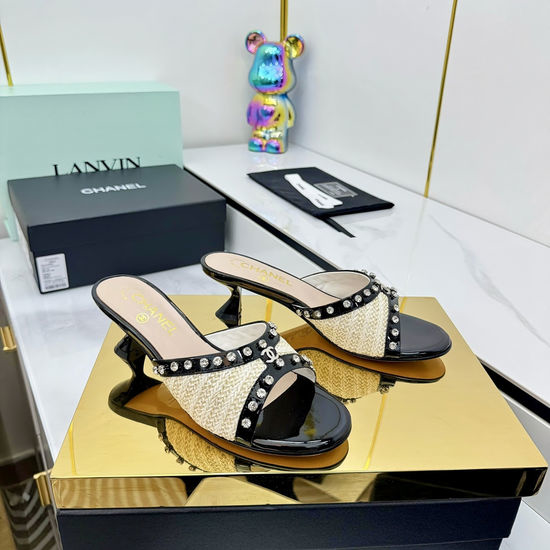 Chanel Woven Rhinestone Low Heel Slide Sandals Comfortable Sole