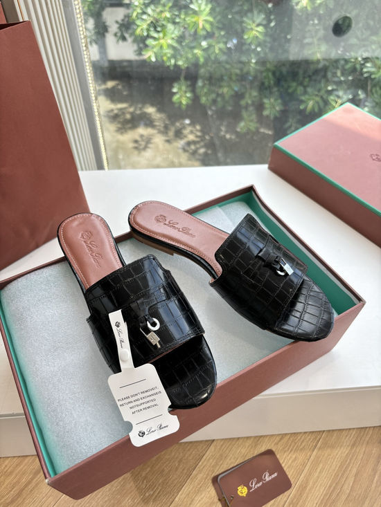 Loro Piana Embossed Leather Low Heel Slides Premium Lined Footwear
