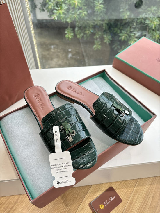 Loro Piana Embossed Leather Low Heel Slides Premium Lined Footwear