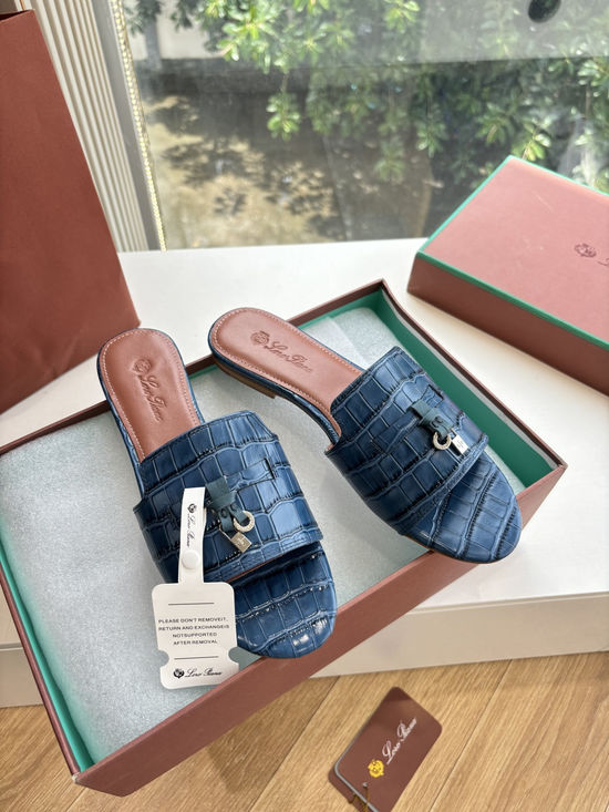 Loro Piana Embossed Leather Low Heel Slides Premium Lined Footwear