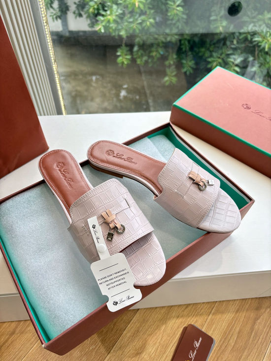 Loro Piana Embossed Leather Low Heel Slides Premium Lined Footwear