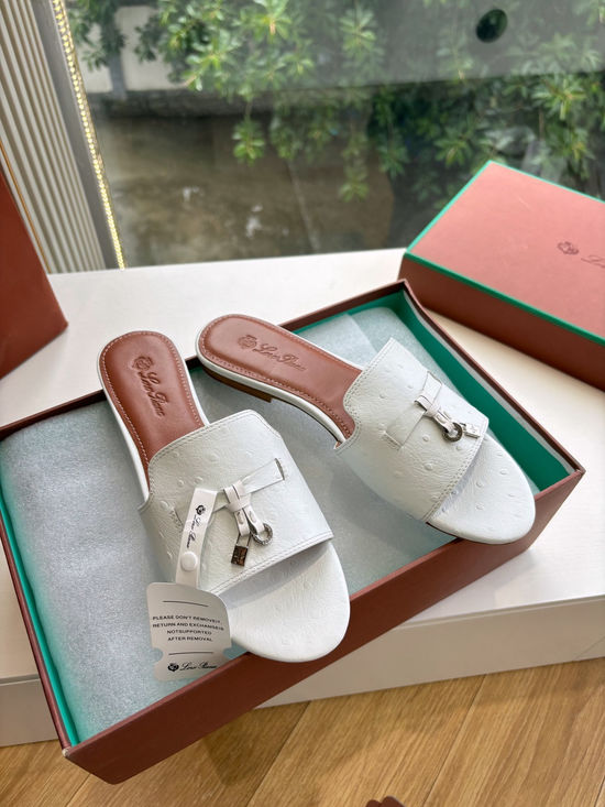 Loro Piana Ostrich Pattern Leather Flat Slide Sandals