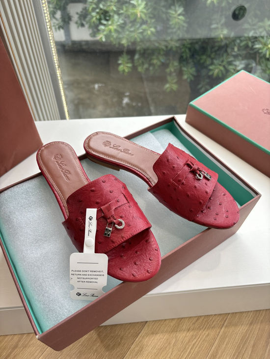 Loro Piana Ostrich Pattern Leather Flat Slide Sandals