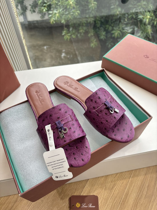 Loro Piana Ostrich Pattern Leather Flat Slide Sandals