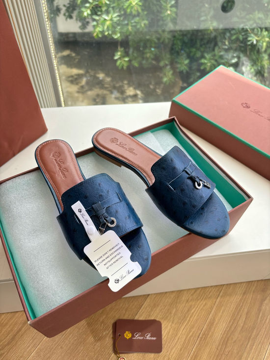 Loro Piana Ostrich Pattern Leather Flat Slide Sandals