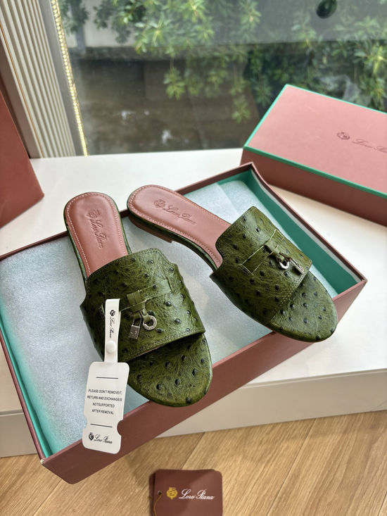 Loro Piana Ostrich Pattern Leather Flat Slide Sandals