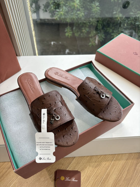 Loro Piana Ostrich Pattern Leather Flat Slide Sandals