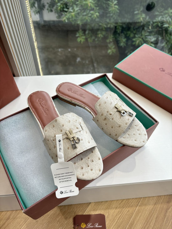 Loro Piana Ostrich Pattern Leather Flat Slide Sandals
