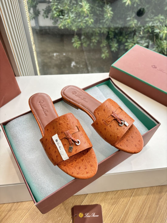 Loro Piana Ostrich Pattern Leather Flat Slide Sandals
