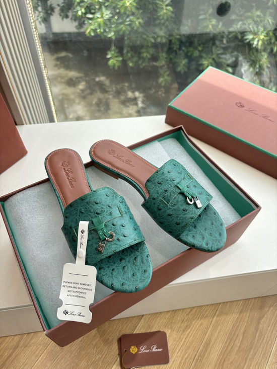 Loro Piana Ostrich Pattern Leather Flat Slide Sandals