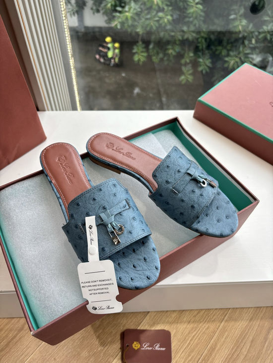 Loro Piana Ostrich Pattern Leather Flat Slide Sandals