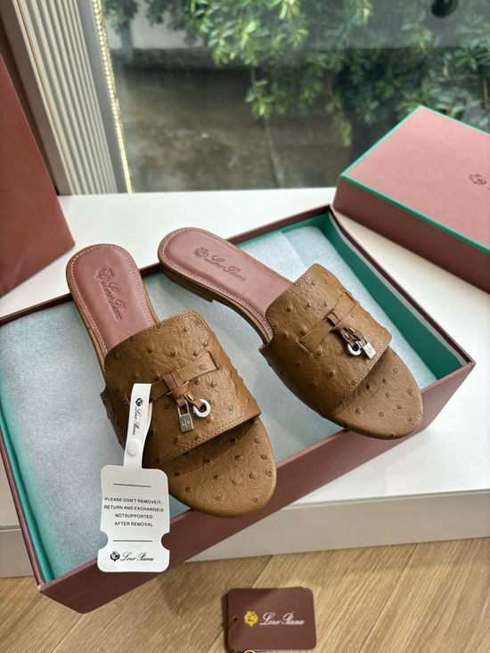 Loro Piana Ostrich Pattern Leather Flat Slide Sandals
