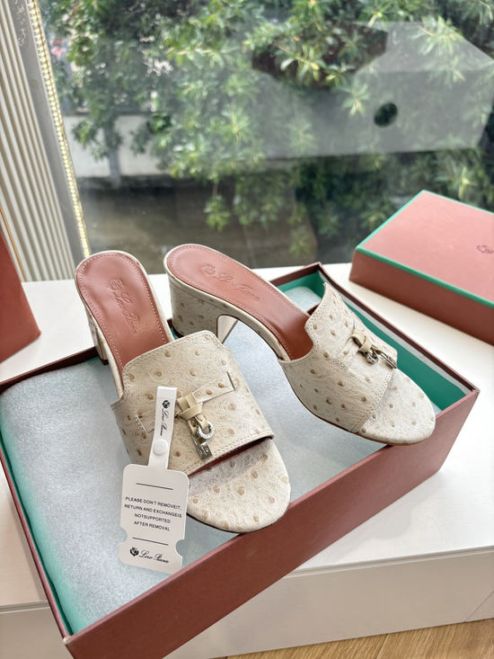 Loro Piana Ostrich Pattern Leather Low Heel Slides Lined Shoes