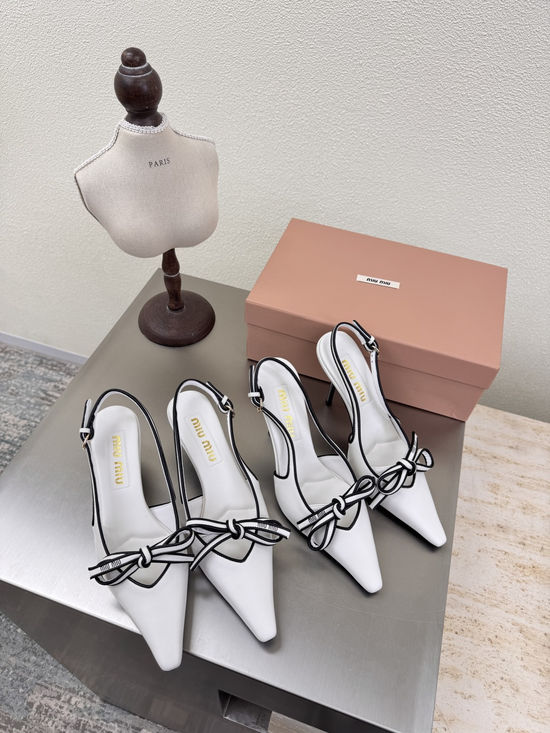 Miu Miu White Bow Mid Heel Slingback Lambskin Leather Shoes