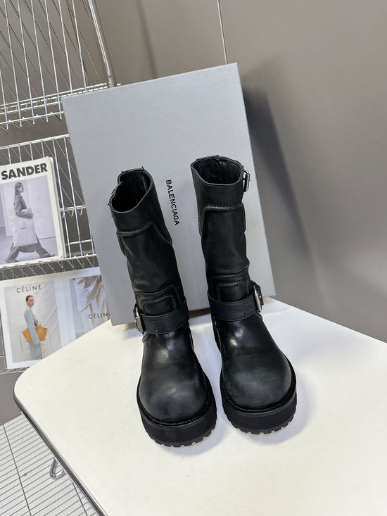 Balenciaga Distressed Leather Mid-Calf Boots with Lug Sole
