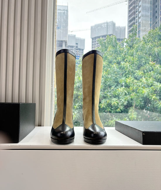 Chanel Letter Embellished Leather Knee High Riding Boots