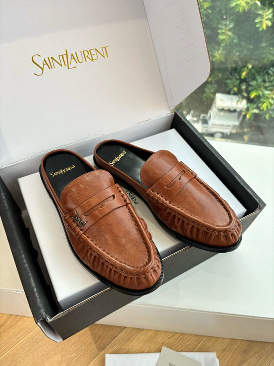 Yves Saint Laurent Classic Small Logo Mule Loafers Almond Toe Leather Shoes