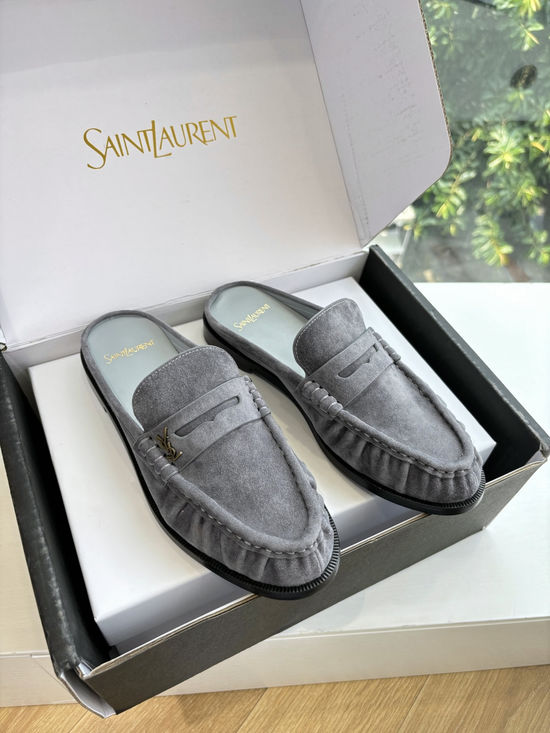 Yves Saint Laurent Classic Small Logo Mule Loafers Almond Toe Leather Shoes
