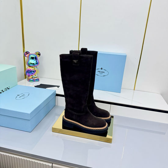 Prada Patent Leather Suede Platform Combat Boots Warm Lining