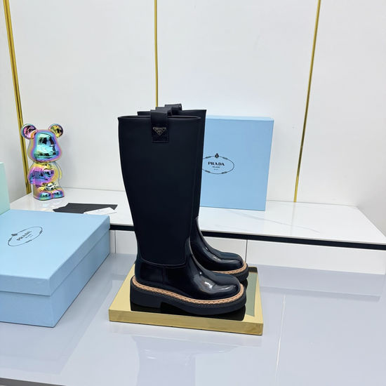 Prada Patent Leather Suede Platform Combat Boots Warm Lining