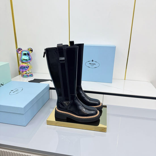 Prada Patent Leather Suede Platform Combat Boots Warm Lining