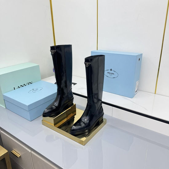 Prada Patent Leather Suede Platform Combat Boots Warm Lining