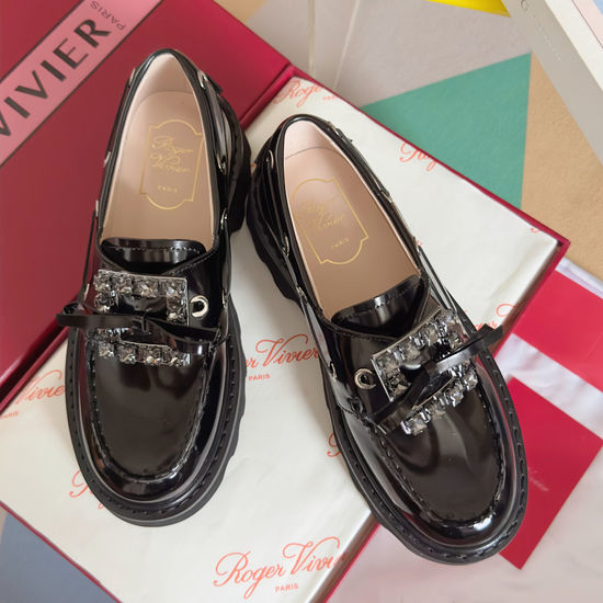 Roger Viver RV Rhinestone Buckle Platform Leather Loafers Anti-slip Sole