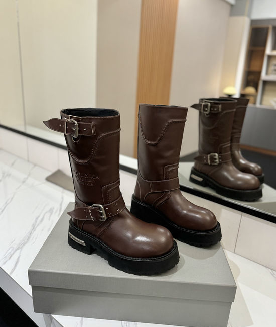 Balenciaga Vintage Buckle Calfskin Mid Calf Boots with Rubber Sole