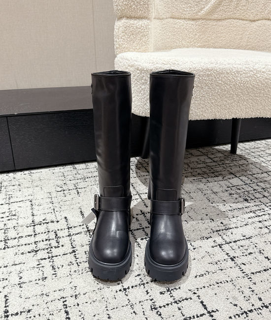 Prada Genuine Leather Slip-on Knee High Boots Elegant Slim Fit