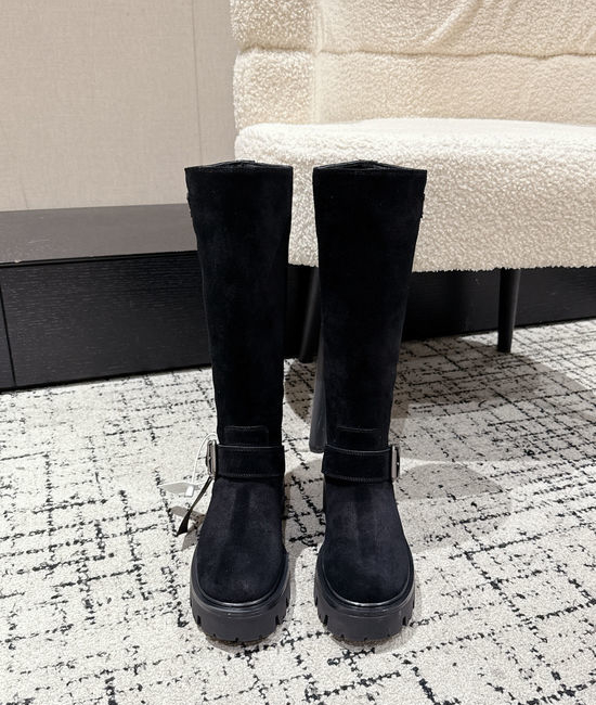 Prada Genuine Leather Slip-on Knee High Boots Elegant Slim Fit