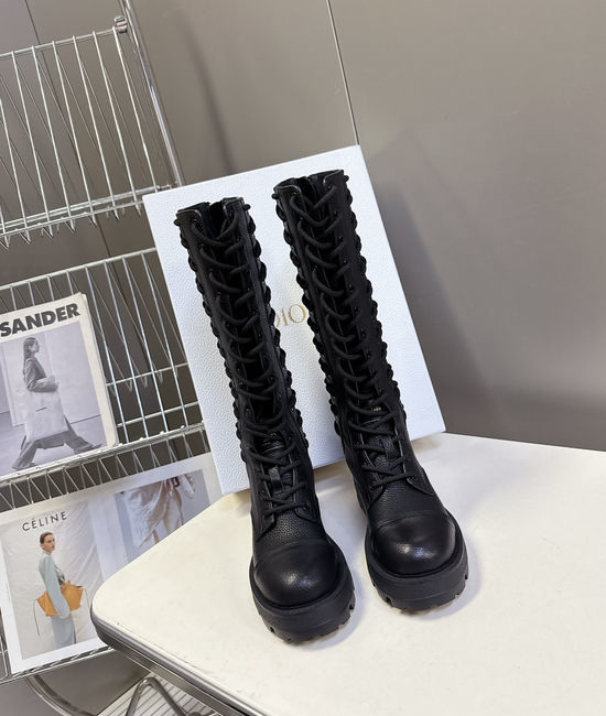 Christian Dior CD Sleek Leather Tall Combat Boots with Logo Accents
