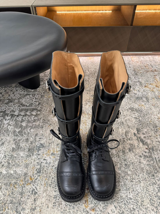 Miu Miu Classic Leather Biker Boots with Low Heel