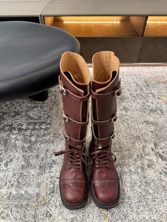 Miu Miu Classic Leather Biker Boots with Low Heel