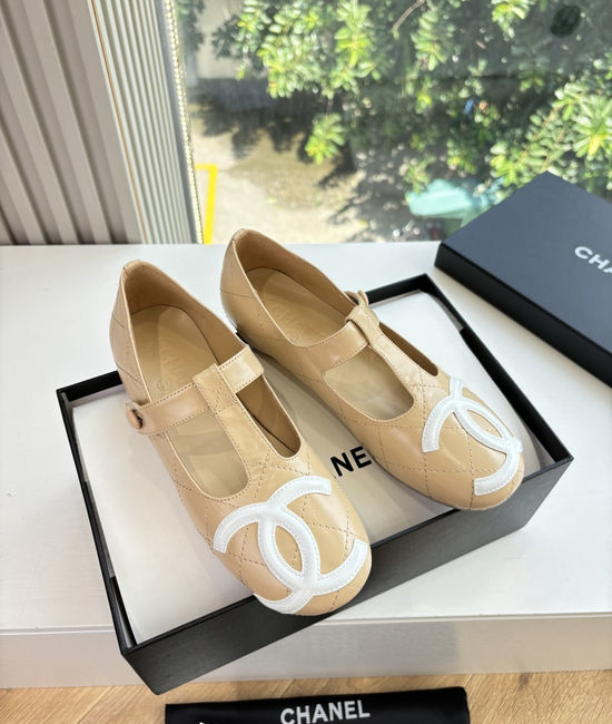 Chanel Lace Up Decor Leather Round Toe Flat Ballet Shoes