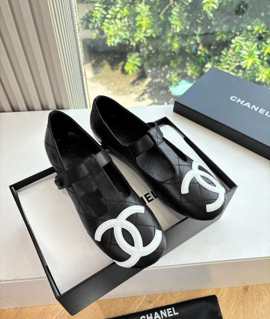 Chanel Lace Up Decor Leather Round Toe Flat Ballet Shoes