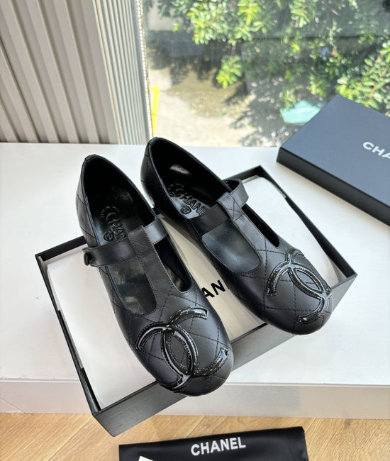 Chanel Lace Up Decor Leather Round Toe Flat Ballet Shoes