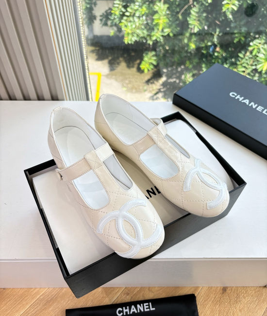 Chanel Lace Up Decor Leather Round Toe Flat Ballet Shoes