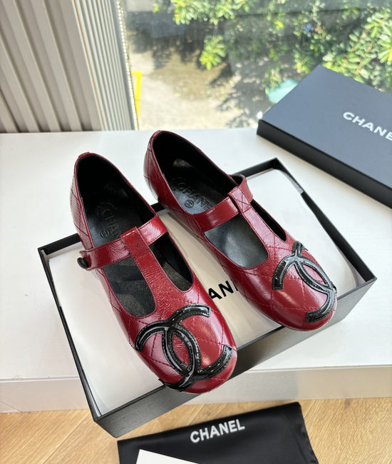 Chanel Lace Up Decor Leather Round Toe Flat Ballet Shoes