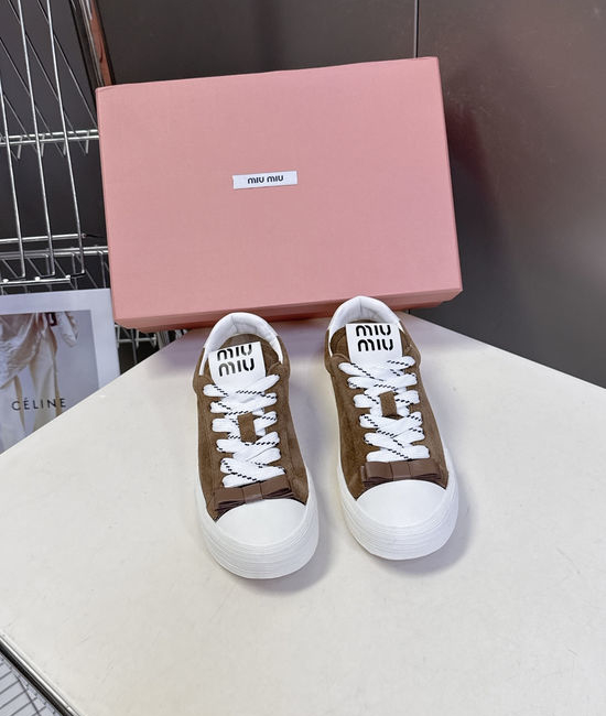 Miu Miu Bow Decorated Double Laces Vintage Leather Sneakers