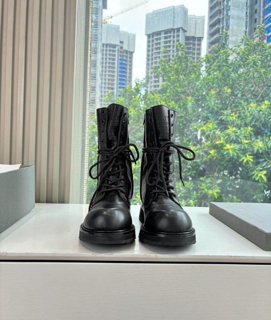 Balenciaga Lace-up Mid Calf Leather Combat Boots