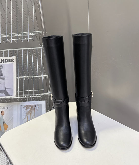 Celine Vintage Style Cowhide Leather Medium Heel Knee High Boots