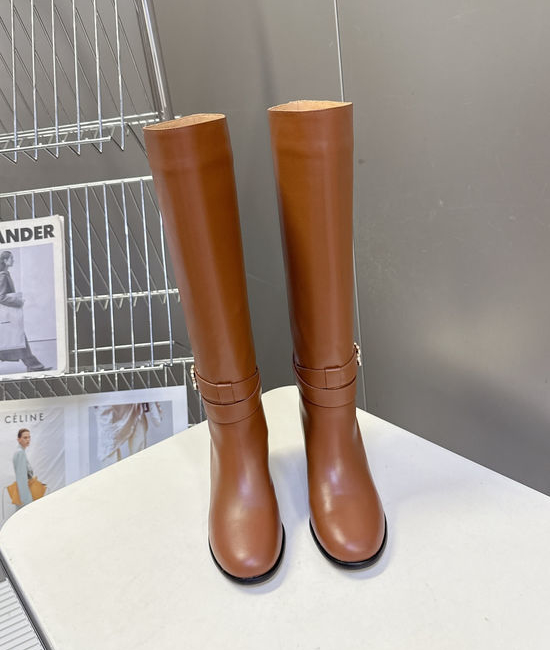 Celine Vintage Style Cowhide Leather Medium Heel Knee High Boots