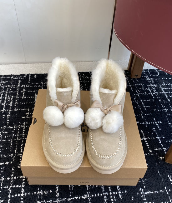 UGG Bowknot Pom Pom Ankle Boots Warm Lined Anti-slip Sole